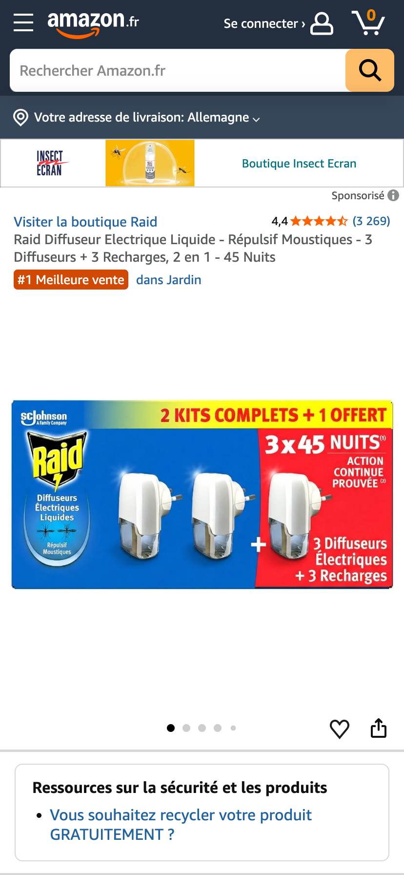 Gerät zur Mückenabwehr von Raid auf Amazon Frankreich mit dem Kennzeichen "Bestseller Nr, 1".