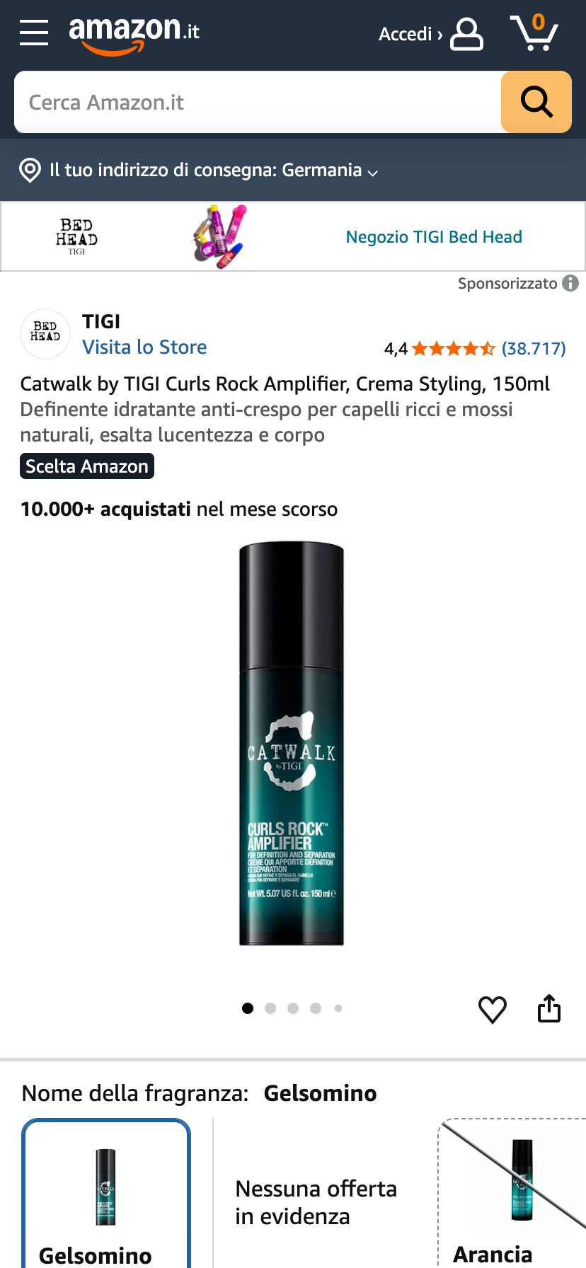 Lockencreme von Catwalk auf Amazon Italien mit dem Kennzeichen "Amazons Tipp" und einer Verkaufszahl von 10.000+ innerhalb des letzten Monats.