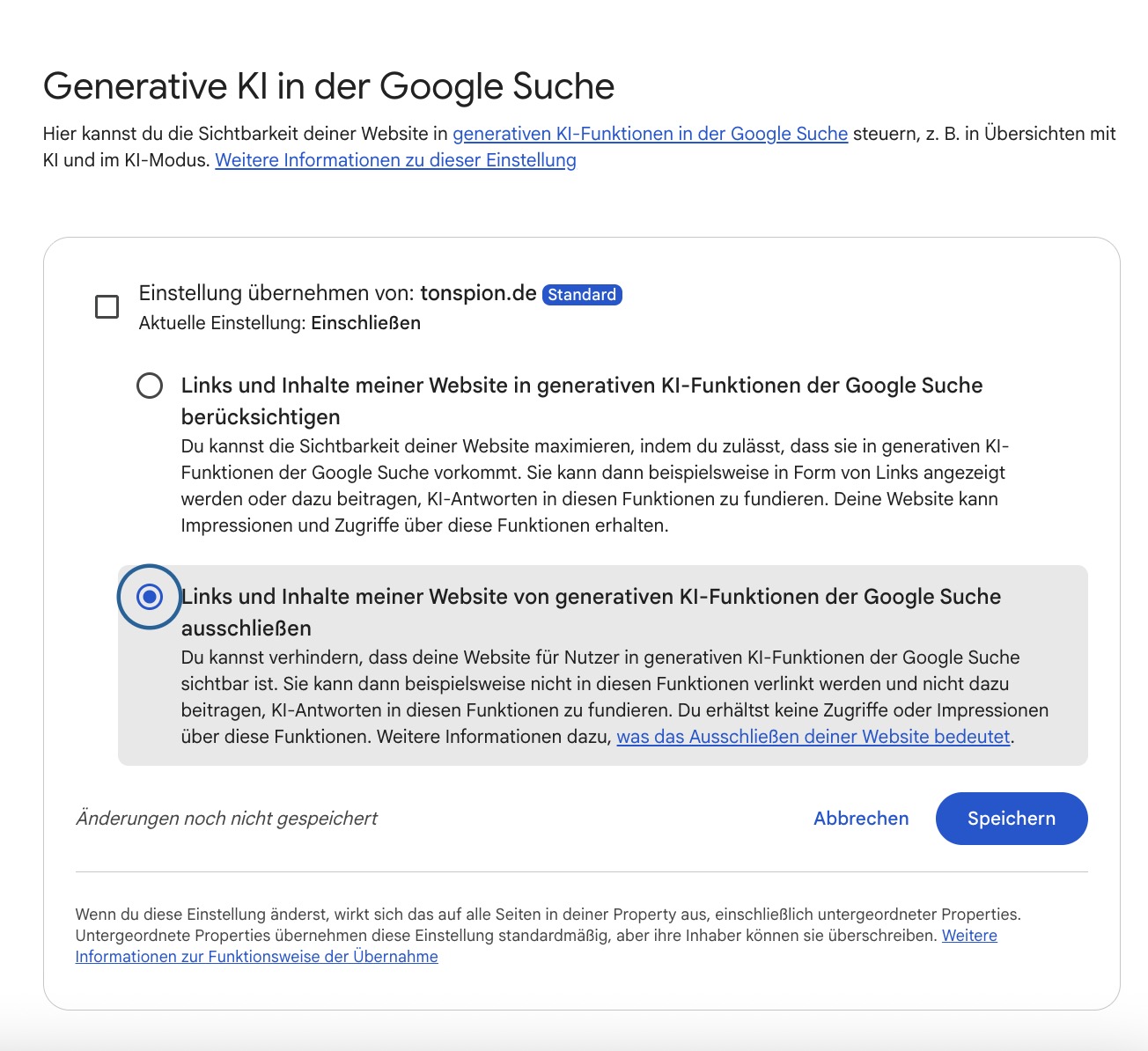 Google Search Console: Einstellung zum Ausschluss der Website von generativen KI-Funktionen der Google Suche.