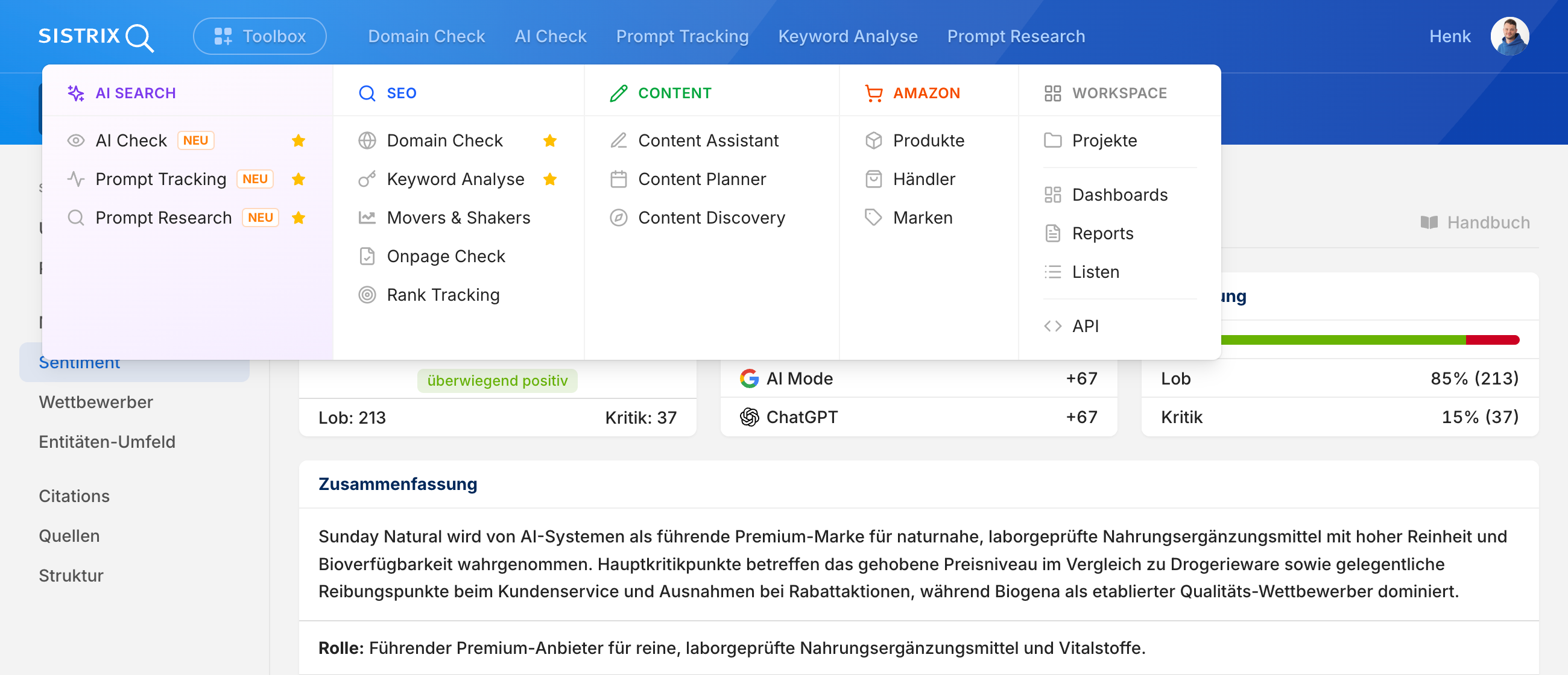 Geöffnete SISTRIX Toolbox mit den fünf farbigen Bereichen AI Search, SEO, Content, Amazon und Workspace.