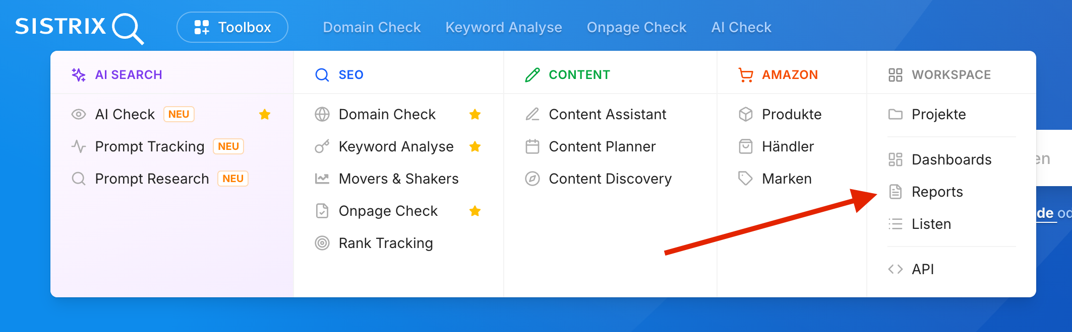 Übersicht aller Toolbox-Funktionen, mit einem Pfeil der auf den genauen Standort der Reports hinweist.