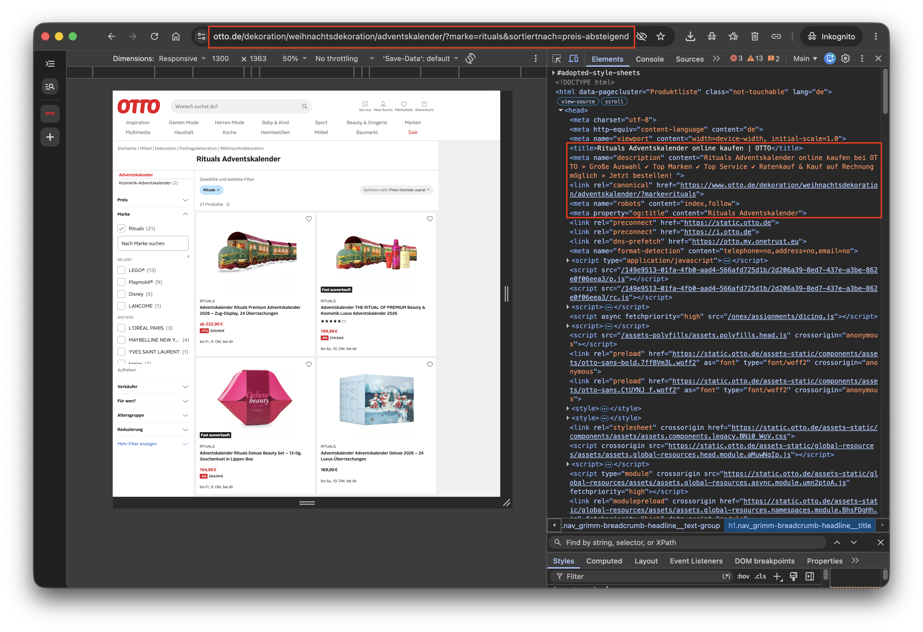 OTTO-Seite „Rituals Adventskalender“ mit geöffneten Entwicklertools; markiert sind Title, Meta Description, Canonical und Robots im Head.