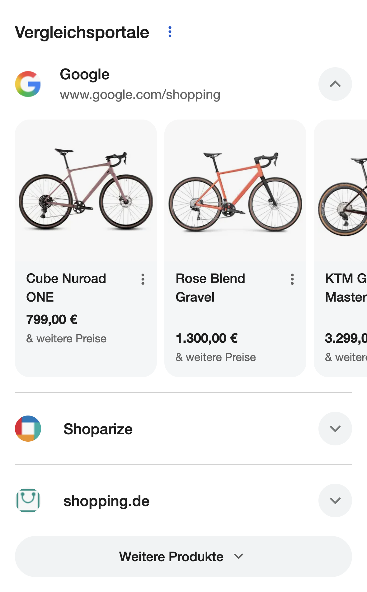 Box „Vergleichsportale“ mit aufgeklapptem Google Shopping mit Gravelbikes, darunter Shoparize und shopping.de