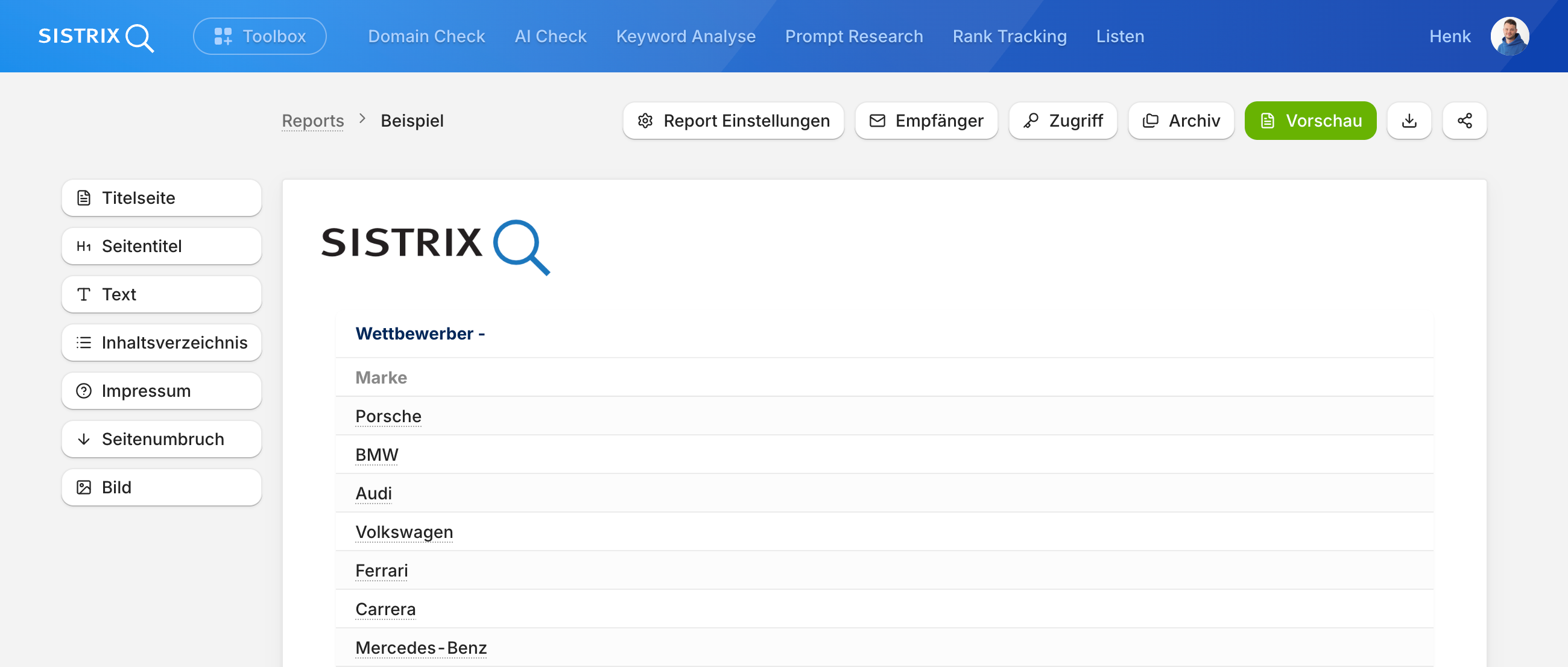 Neues Report-Interface in SISTRIX mit Aktionsleiste und Gestaltungselementen