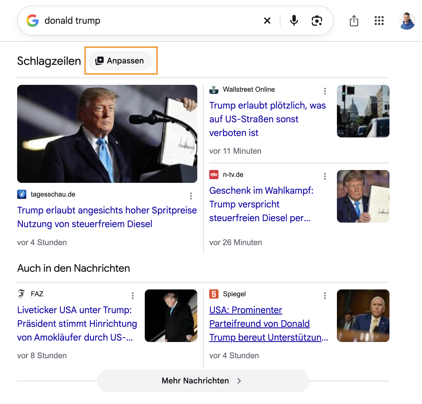 Google-Schlagzeilen mit dem Button „Anpassen“