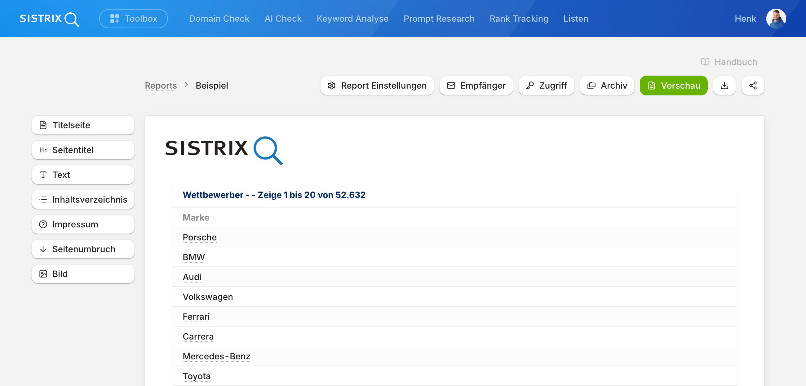 Report-Editor in SISTRIX mit Aktionsleiste und Gestaltungselementen
