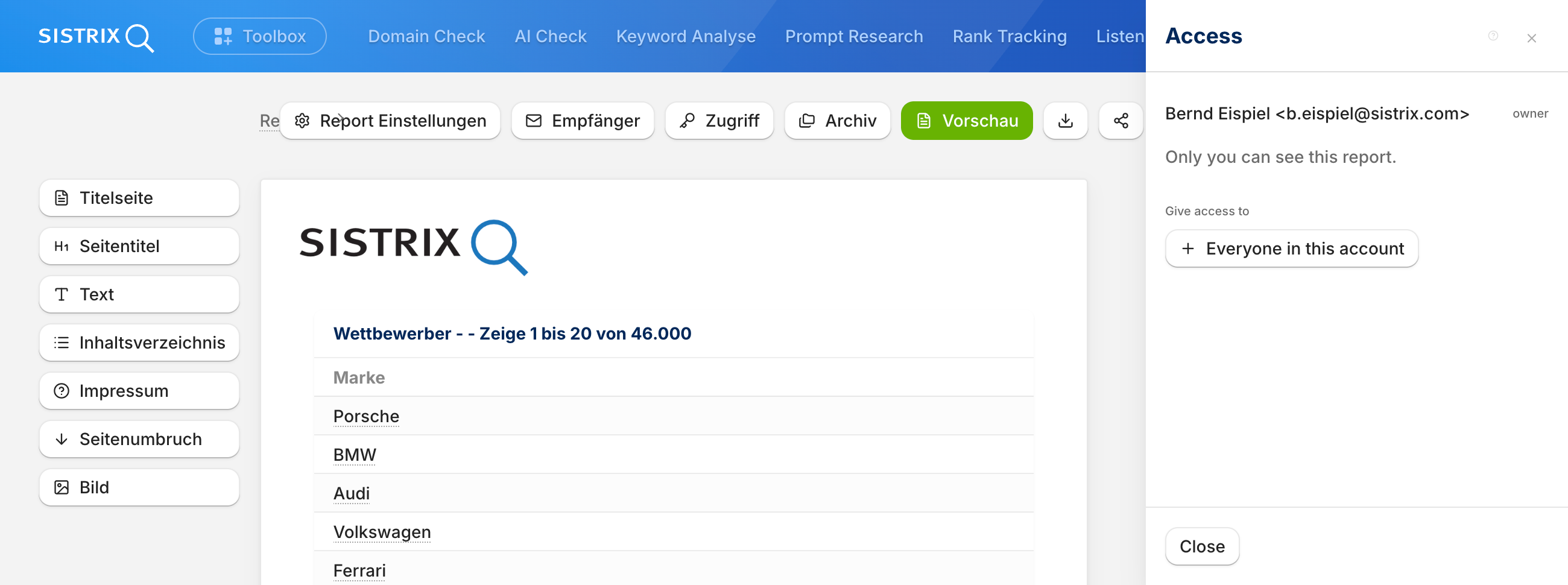 Zugriffsrechte für einen Report in SISTRIX vergeben
