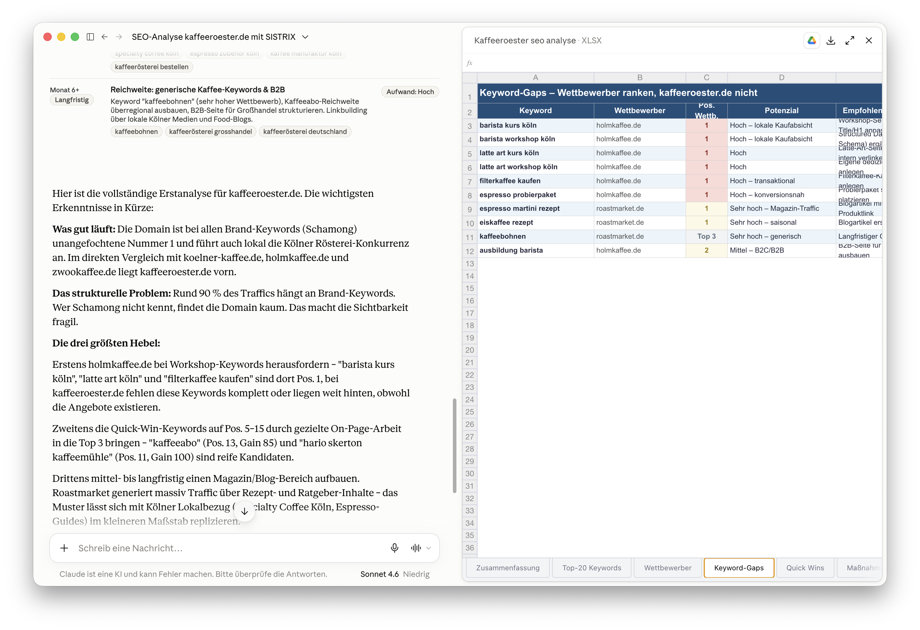 SEO-Erstanalyse für kaffeeroester.de in Claude mit dem SISTRIX MCP Server: Maßnahmenplan im Chat und Excel-Export mit dem Tabellenblatt „Keyword-Gaps“