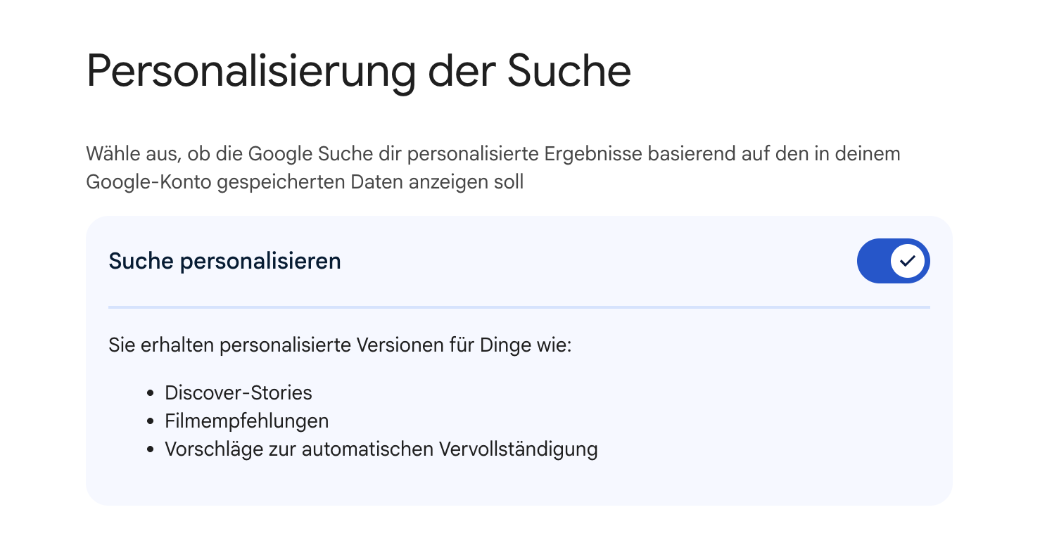 Google-Einstellung „Suche personalisieren“ mit aktiviertem Schalter