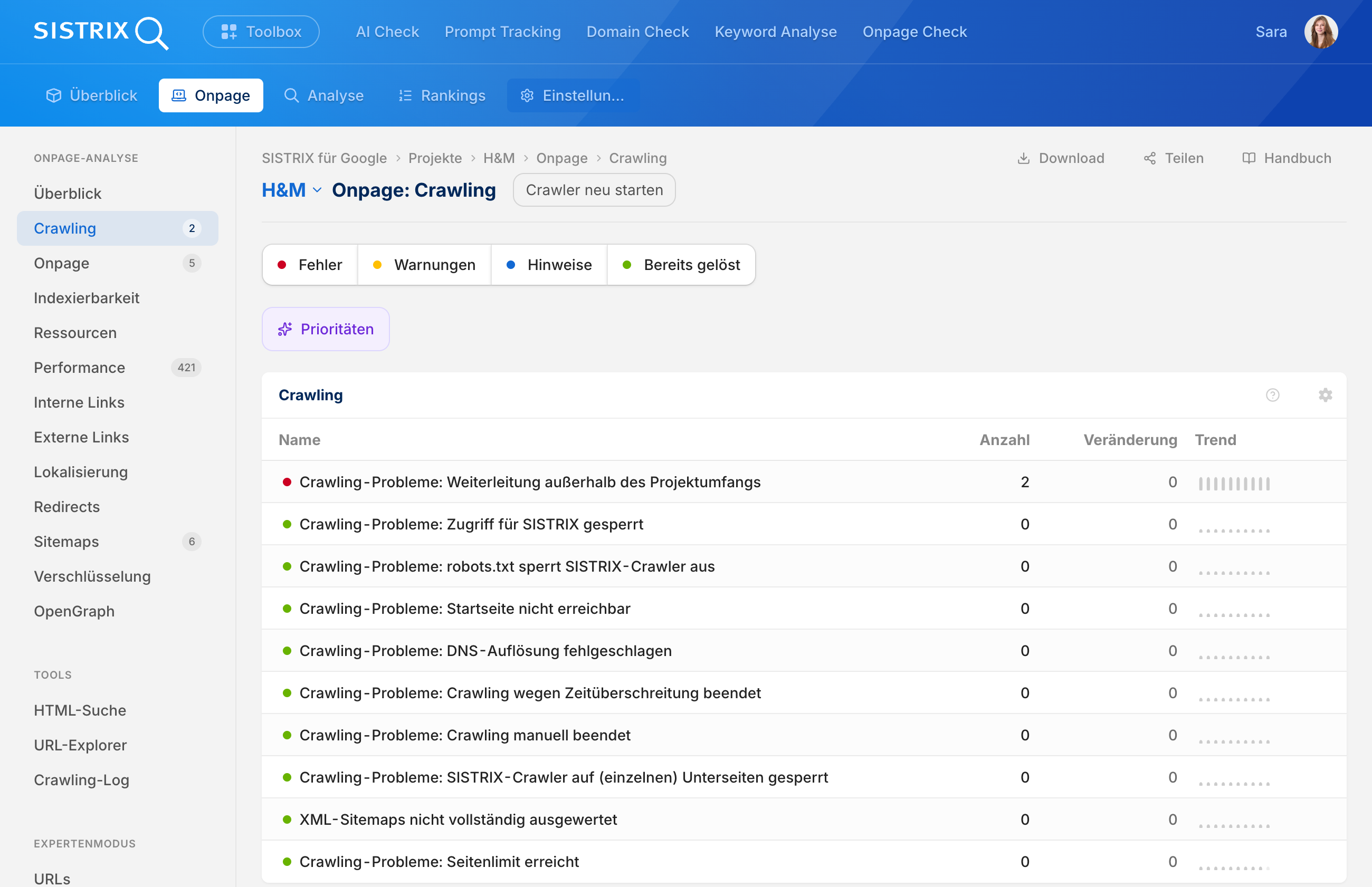 SISTRIX Onpage-Analyse, Bereich Crawling: Liste möglicher Crawling-Probleme mit Anzahl und Veränderung, darunter zwei Weiterleitungen außerhalb des Projektumfangs.