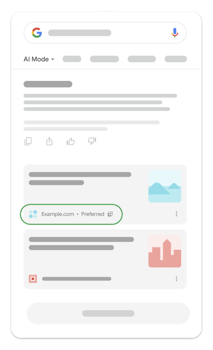 AI-Mode-Antwort mit „Preferred“-Kennzeichnung einer Quelle