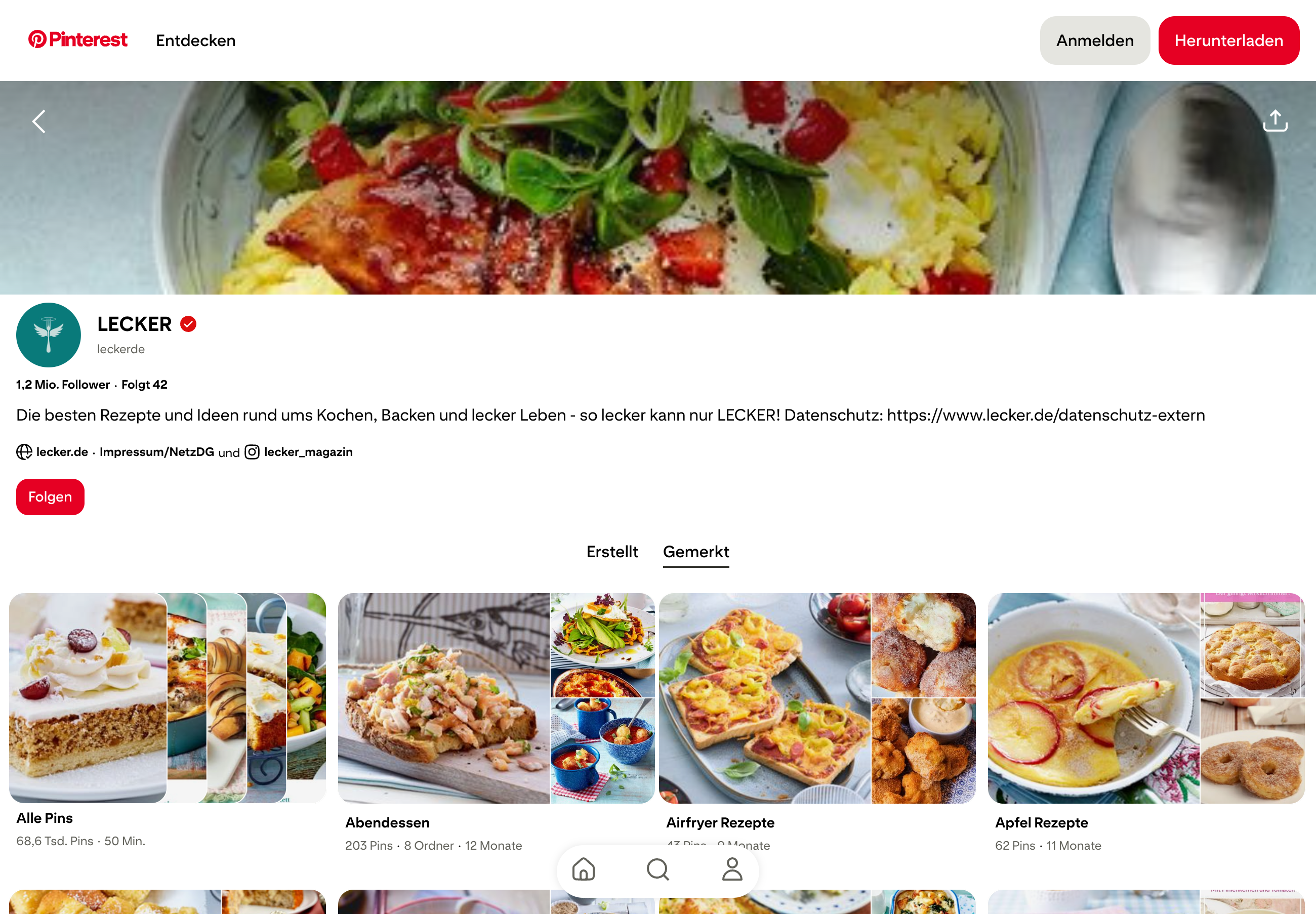 Pinterest-Profil von LECKER (lecker.de) mit 1,2 Mio. Followern und Ordnern wie Abendessen, Airfryer Rezepte und Apfel Rezepte.
