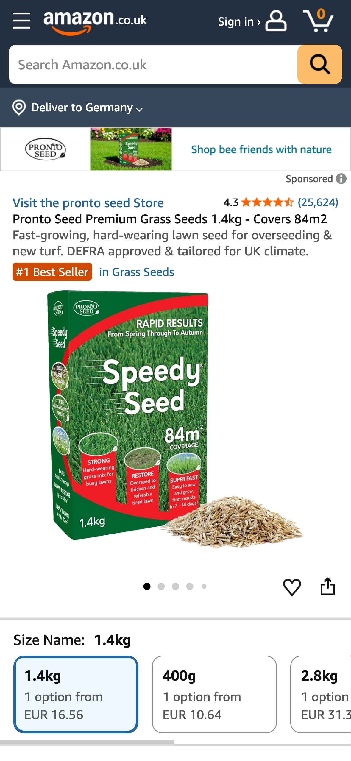 Amazon Großbritannien Produktseite: 'Pronto Seed Premium Grass Seeds' mit Kennzeichnung als #1 Bestseller in der Kategorie Grass Seeds.
