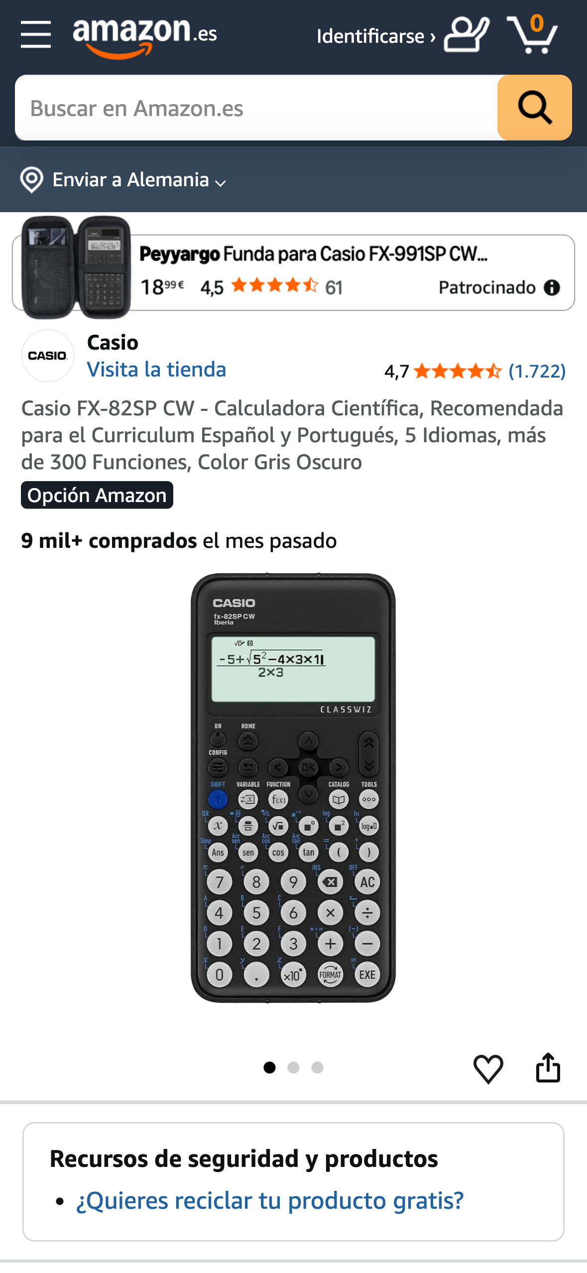 Amazon Spanien Produktseite: 'Casio FX-82SP CW' mit Kennzeichnung als 'Amazon's Choice' und mehr als 9.000 Bestellungen.