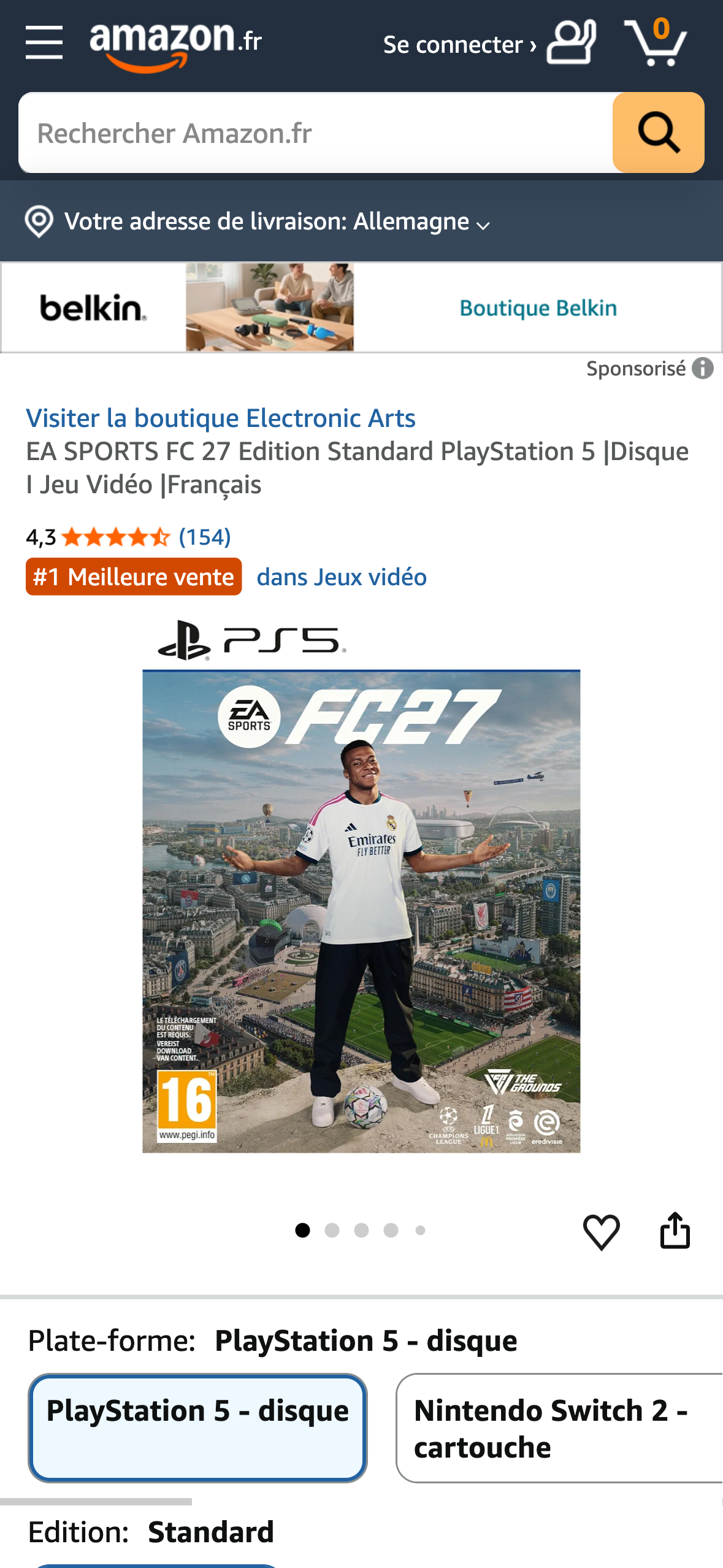 Amazon Frankreich Produktseite: 'EA SPORTS FC 27 Edition Standard PlayStation 5' mit Kennzeichnung als #1 Bestseller in der Kategorie Jeux vidéo.