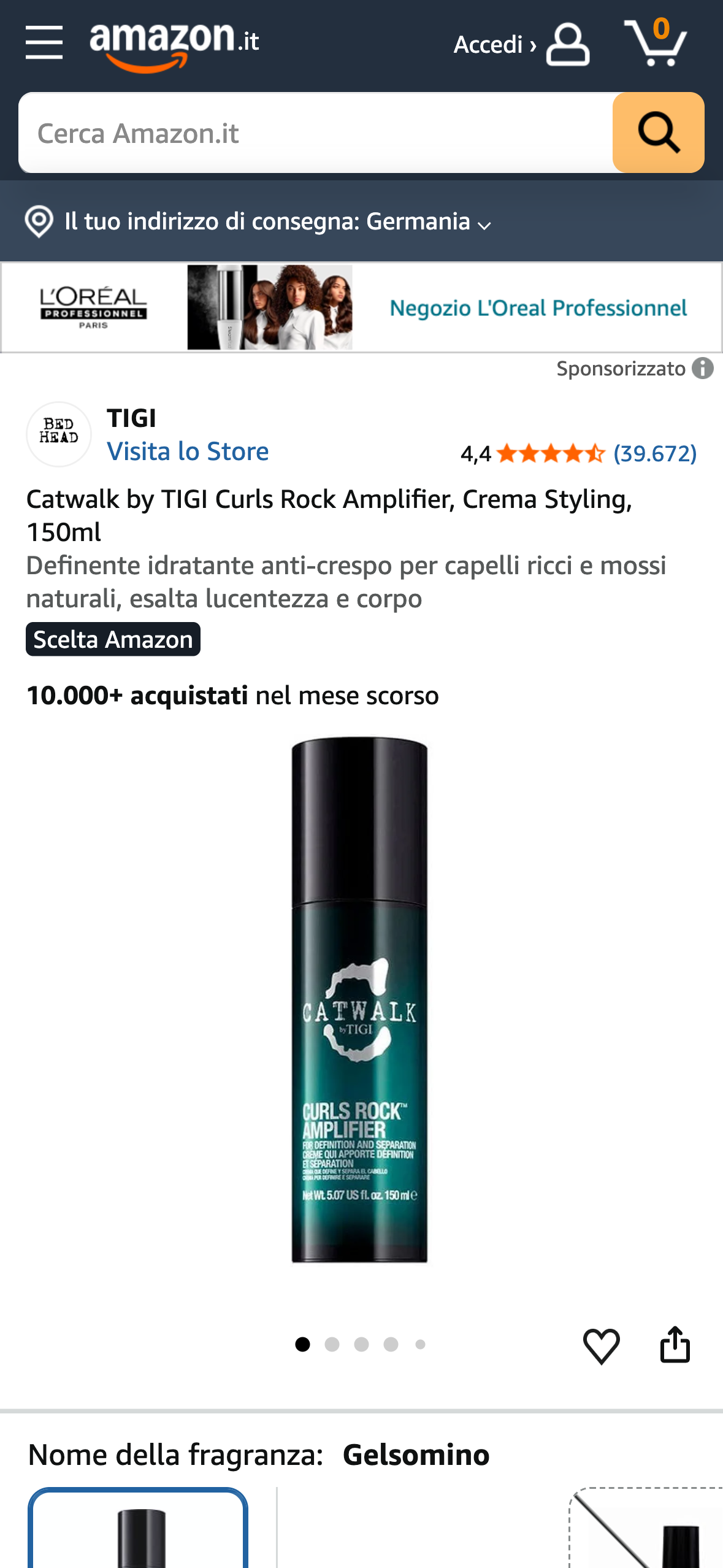 Amazon Italien Produktseite: 'Catwalk by TIGI Curls Rock Amplifier' mit Kennzeichnung als 'Amazon's Choice' und mehr als 10.000 Bestellungen.