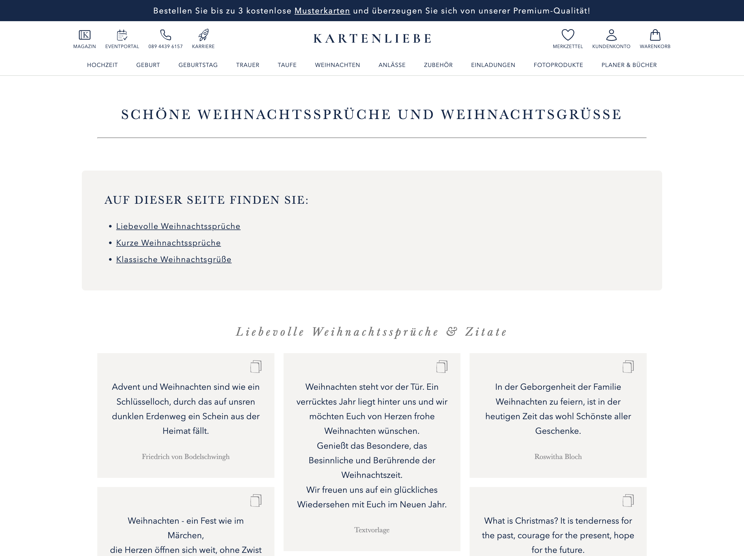 Kartenliebe-Seite „Schöne Weihnachtssprüche und Weihnachtsgrüße“ mit Inhaltsübersicht und Spruchkacheln.