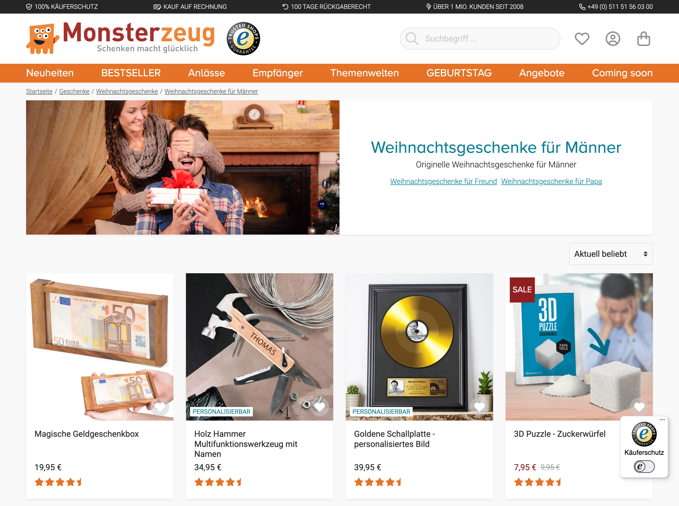 Kategorieseite „Weihnachtsgeschenke für Männer“ von Monsterzeug mit Geschenkideen wie Geldgeschenkbox, Holz-Multitool und 3D-Puzzle.